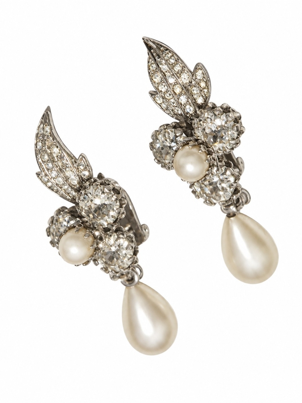 Rare Vintage Silver-Tone Pearl & Rhinestone Dangle Clip-On Earrings "Fab Find!"